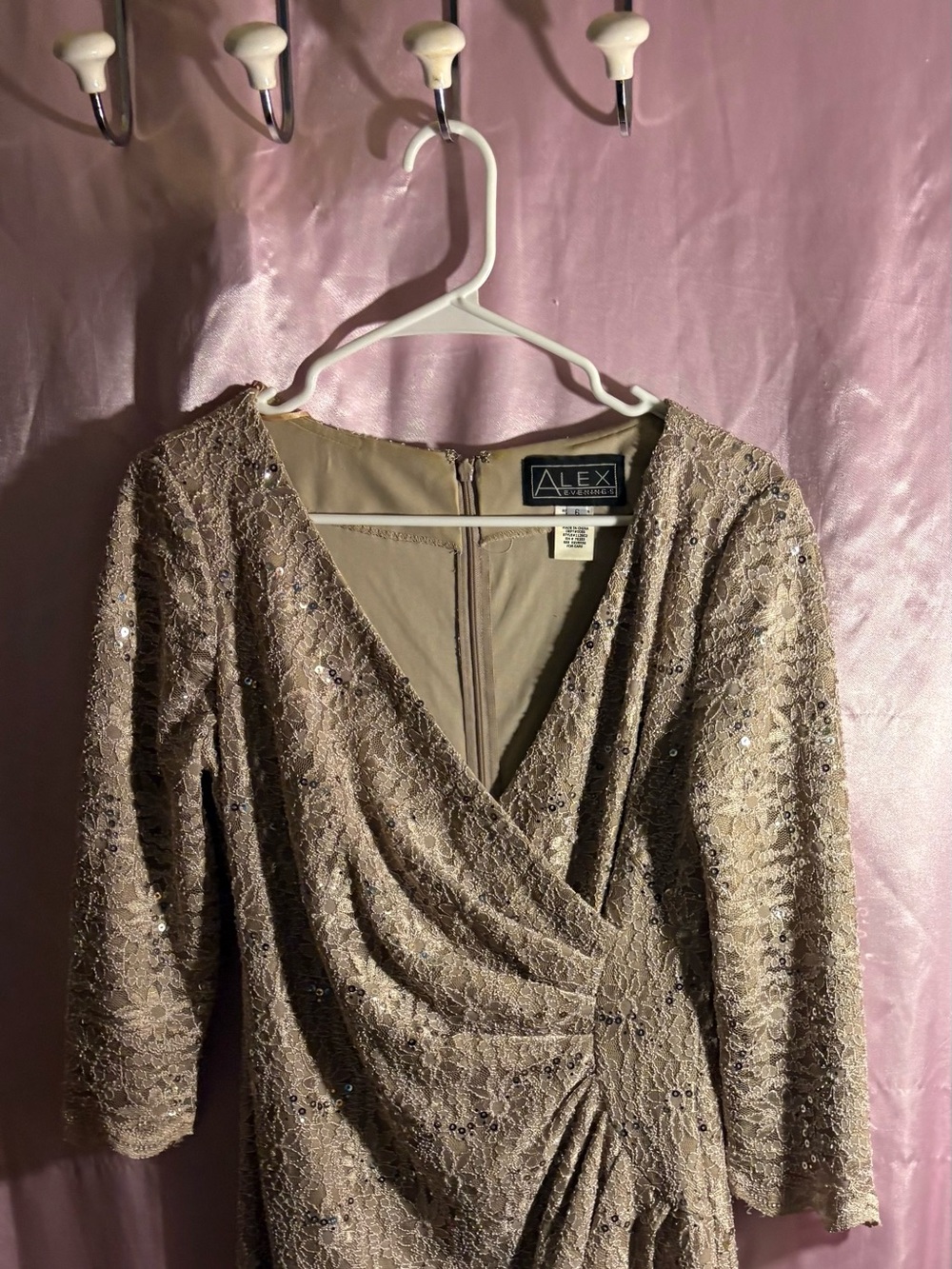 Alex Evenings Taupe Lace Sequin Wrap Gown